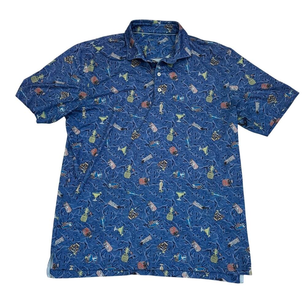 Johnnie-O Luau Cocktail Print Polo Blue Stretch Men's L Golf
